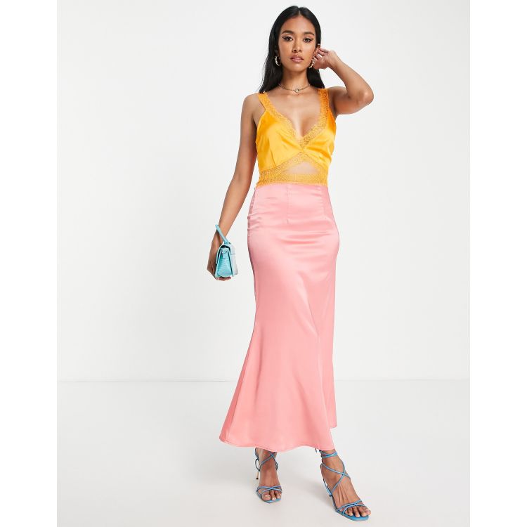 Never Fully Dressed lace cut-out satin midaxi dress in colour