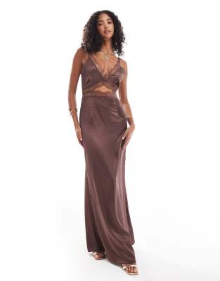 lace cut-out slip maxi dress in chocolate-Brown