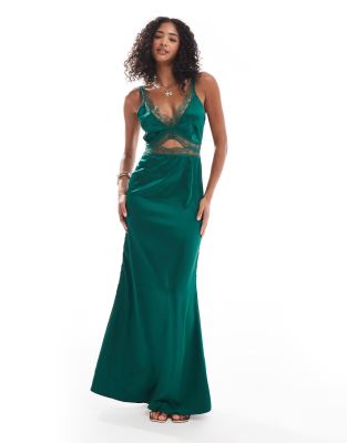 lace cut-out slip maxi dress in emerald-Green