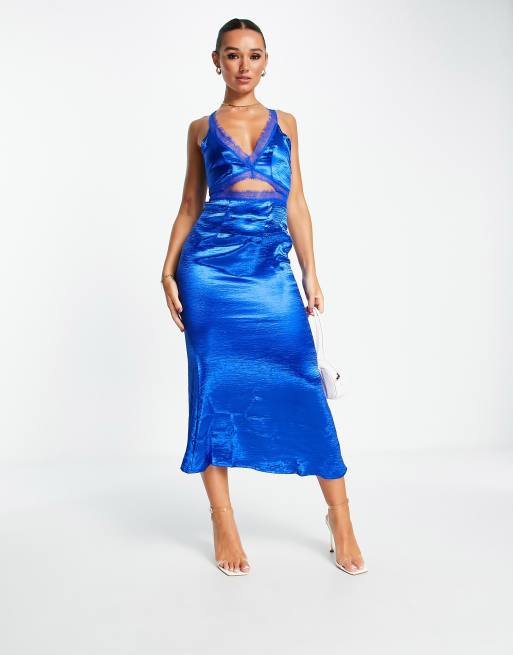 Never Fully Dressed lace cut out slip midaxi dress in cobalt blue