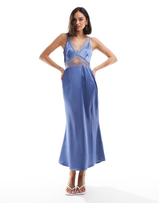 Never Fully Dressed lace cut out slip midaxi dress in dusty blue ASOS