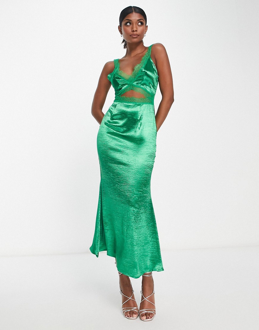 Never Fully Dressed lace cut-out slip midaxi dress in emerald-Green