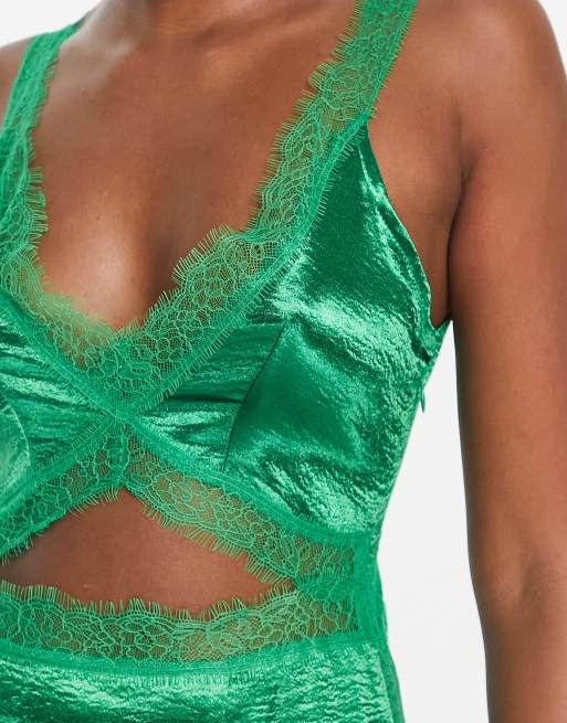 Never Fully Dressed lace cut-out slip midaxi dress in emerald