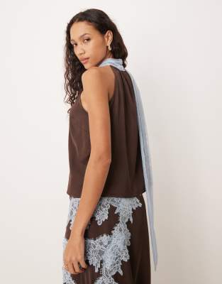 never fully dressed brown and blue lace Never Fully Dressed lace trim high neck top in chocolate - part of a set