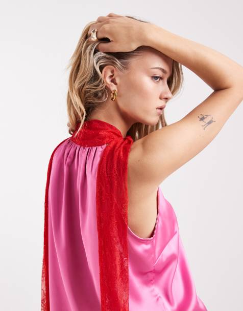 Never Fully Dressed lace trim high neck top in pink and red - part of a set - view 1