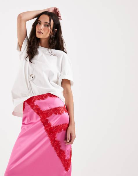 Never Fully Dressed lace trim satin maxi skirt co-ord in pink and red - view 1