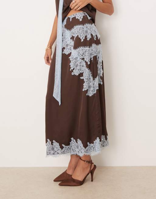 Never Fully Dressed lace trim satin maxi skirt in chocolate - part of a set