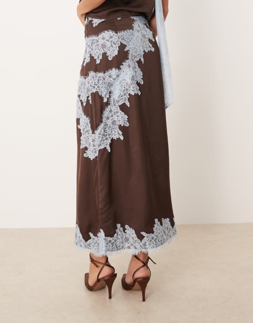 Never Fully Dressed lace trim satin maxi skirt in chocolate - part of a set