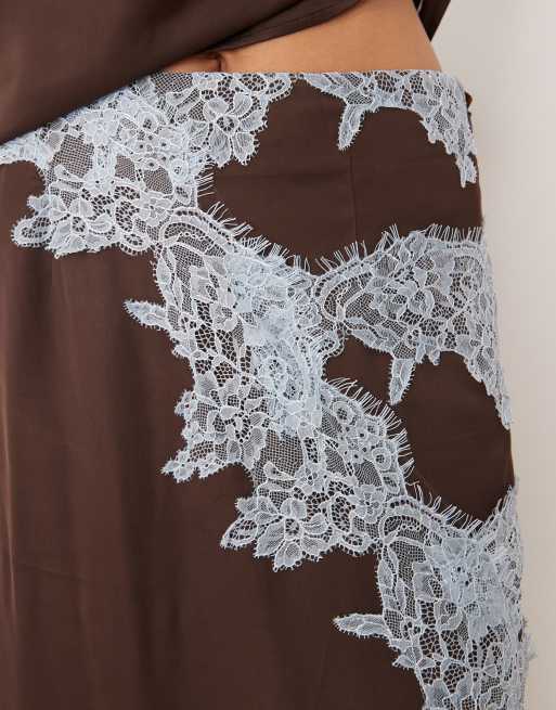 Never Fully Dressed lace trim satin maxi skirt in chocolate - part of a set