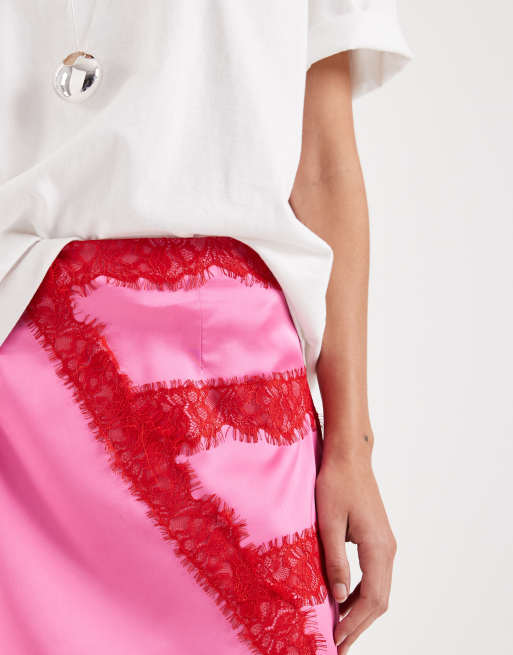 Never Fully Dressed lace trim satin maxi skirt in pink and red (part of a set), 3 of 5