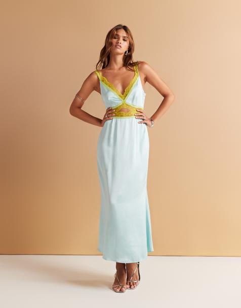 Never Fully Dressed lace trim satin slip midaxi dress in blue - view 1