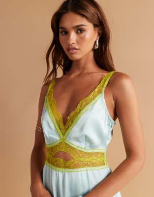 Never Fully Dressed lace trim satin slip midaxi dress in blue