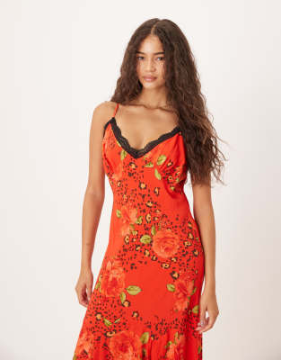 Never Fully Dressed Lace Trim Slip Maxi Dress In Red