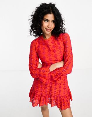 Never Fully Dressed lace up back broderie mini dress in red and pink