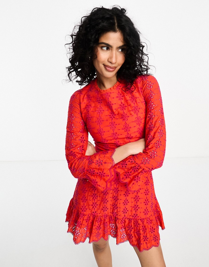 Never Fully Dressed lace up back broderie mini dress in red and pink