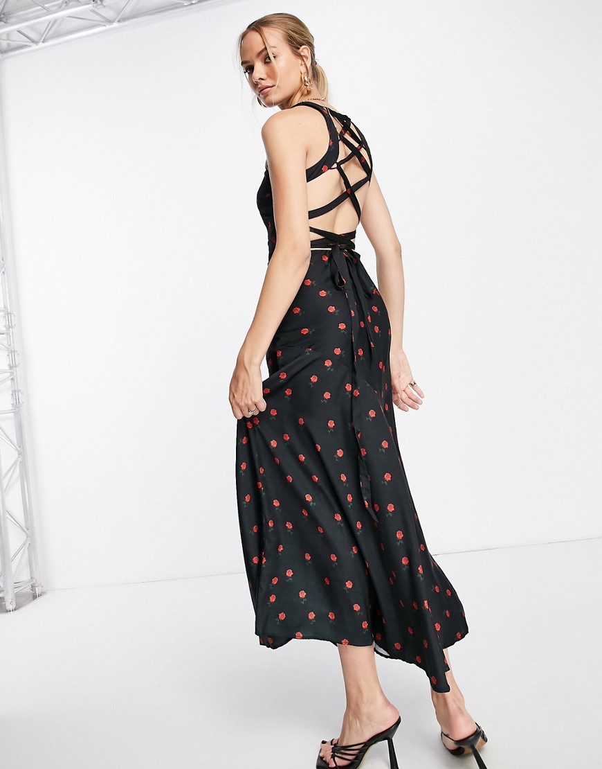Never Fully Dressed lace up back maxi dress in black rose print