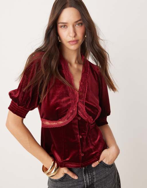 Never Fully Dressed lace velvet puff sleeve top in burgundy