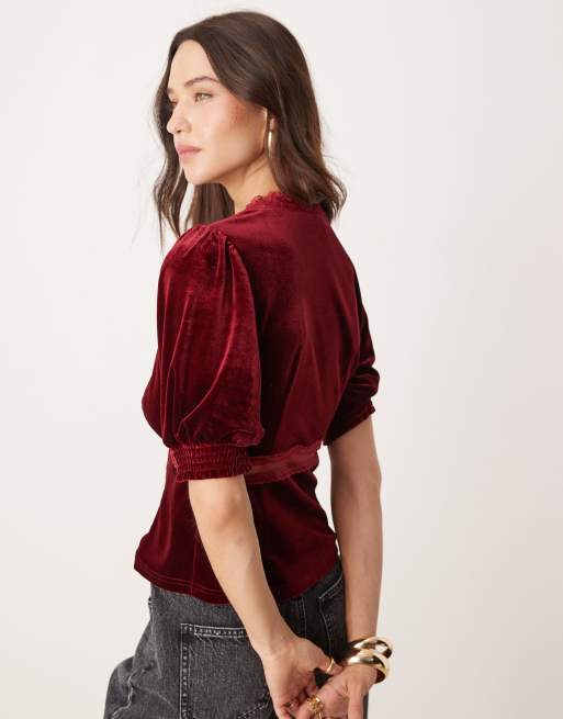 Burgundy puff sleeve top sale