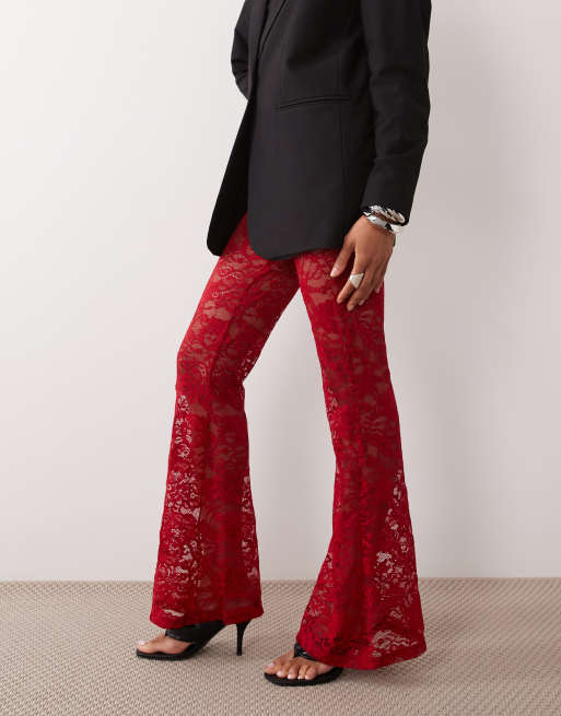 Never Fully Dressed lace wide leg trousers in red, 3 of 5