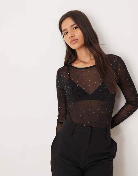 Never Fully Dressed – Langärmliger Body in transparentem Schwarz mit Hotfix-Verzierung - view 1