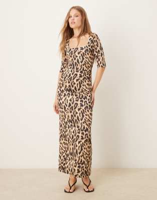 Never Fully Dressed - Langärmliges Maxikleid mit Leopardenmuster-Orange
