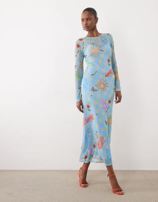 Langärmliges Midikleid aus Netzstoff in Blau mit Himmelskörper-Print Blau 34