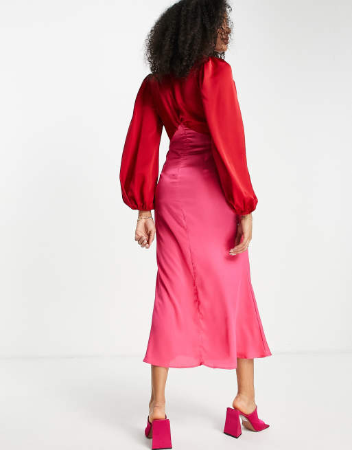 Never Fully Dressed - Lange jurk met kleurvlakken in rood en roze | ASOS