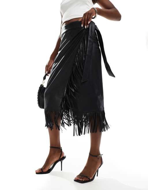Never Fully Dressed leather look fringe midaxi skirt in black