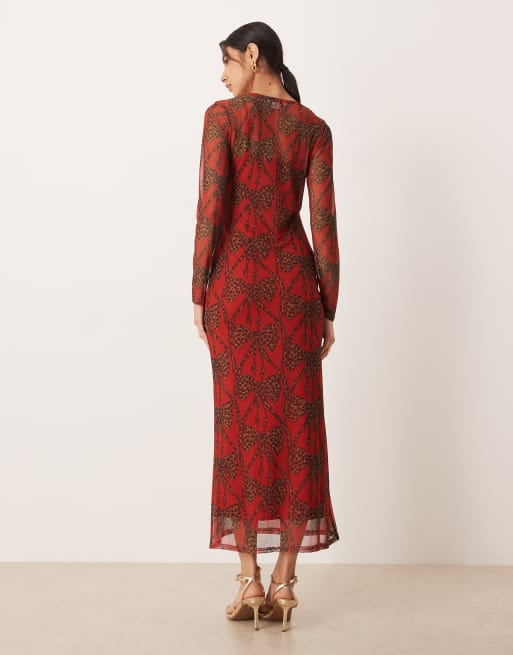 Never Fully Dressed leopard bow mesh maxi dress in red, 3 of 4
