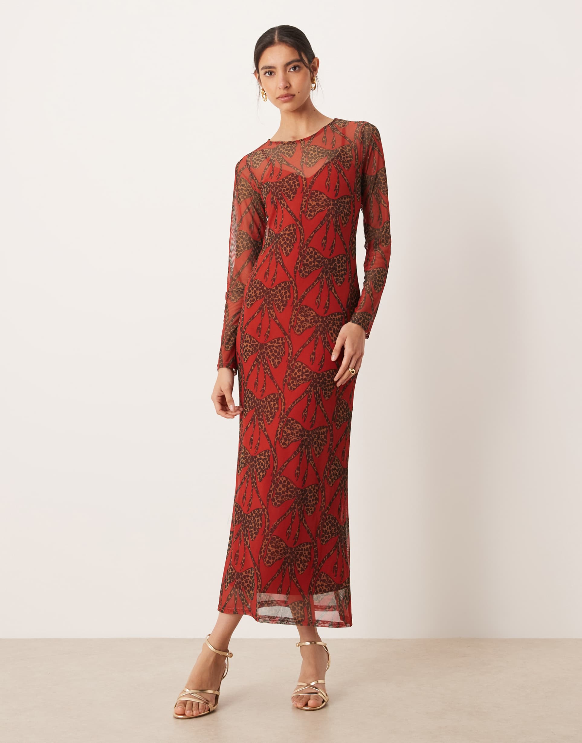 never fully dressed leopard bow mesh midaxi dress in red