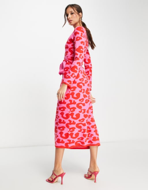 Never Fully Dressed leopard knit wrap midi dress in pink and red