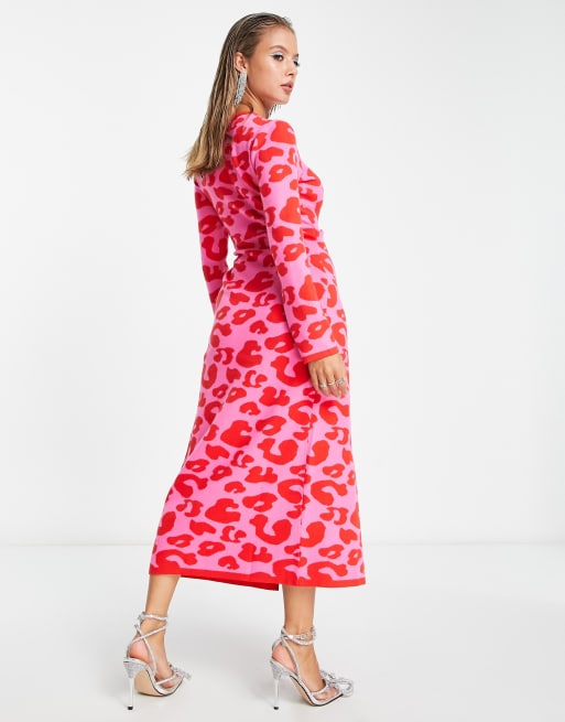 Knit Red Floral Faux Wrap Dress, Calvin Klein