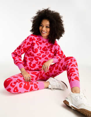 Never Fully Dressed leopard knitted jumper co-ord in pink and red - ASOS Price Checker