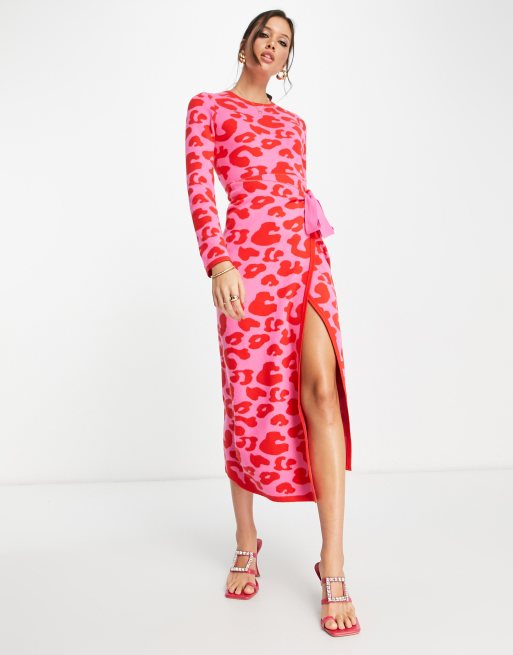 Never Fully Dressed leopard knitted wrap midi dress in pink and red ASOS