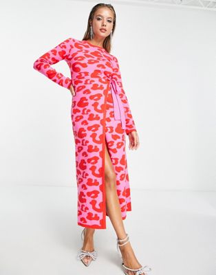Never Fully Dressed leopard knitted wrap midi dress in pink and red