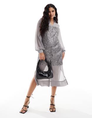 never fully dressed lila sequin midaxi shirt dress in gunmetal