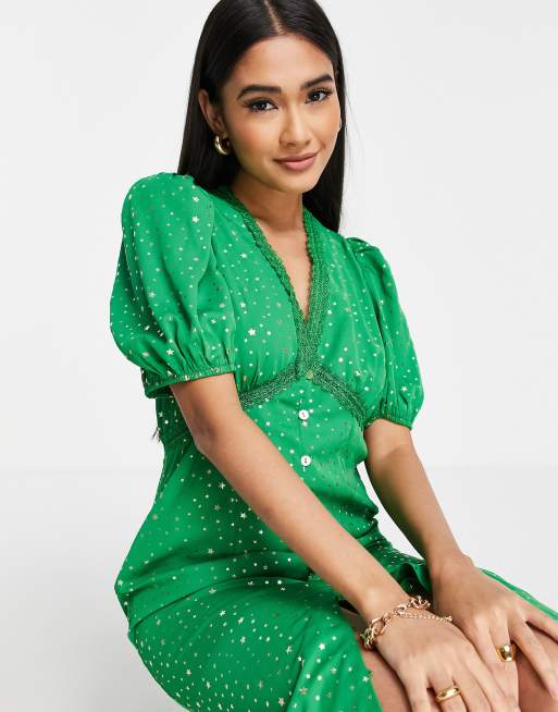 Never Fully Dressed Lindos tea midaxi dress in green star print | ASOS