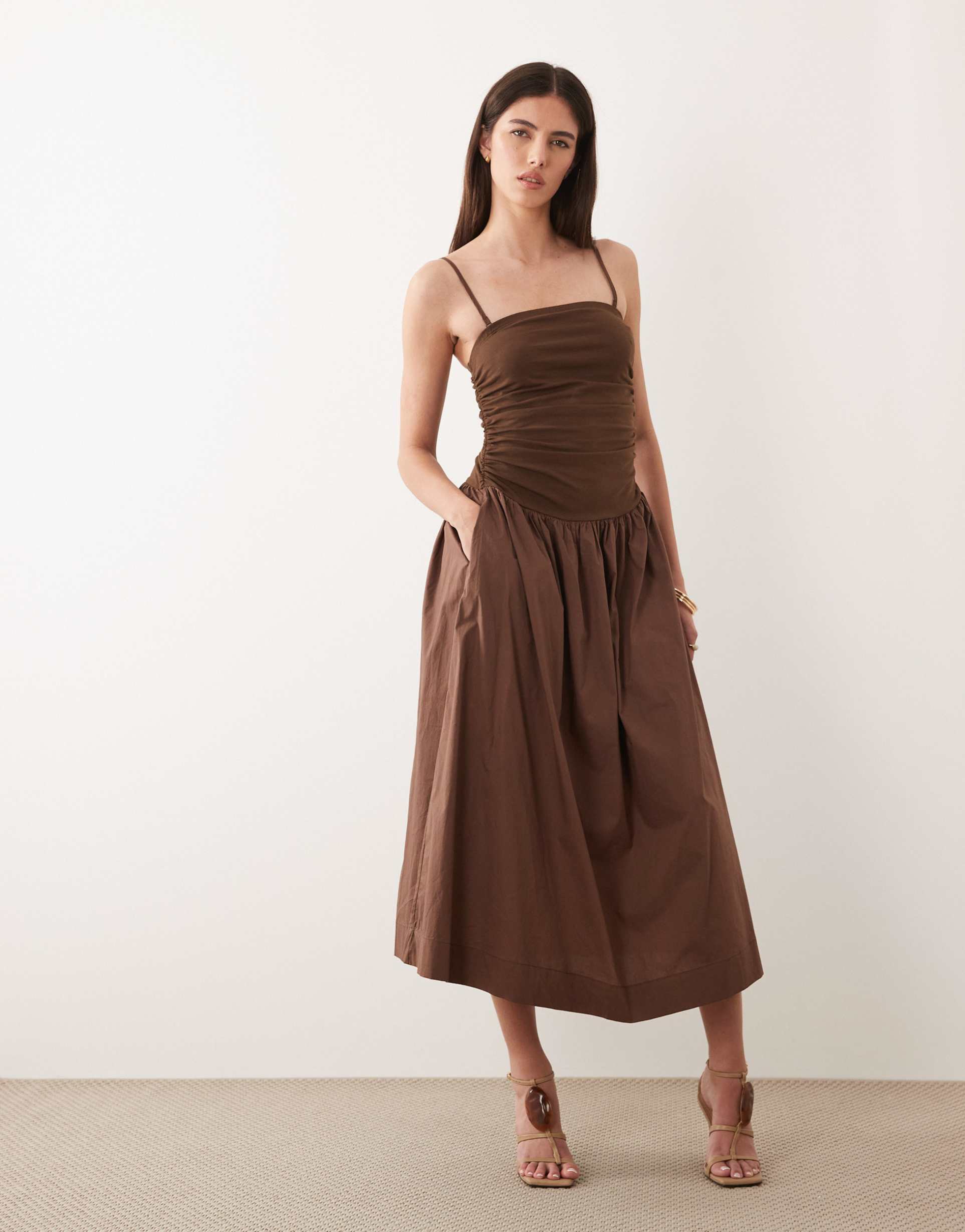 never fully dressed lola cami ruched bodice drop waist midi dress in chocolate