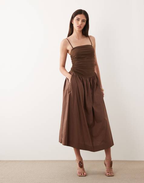 Never Fully Dressed - Lola - Vestito midi color cioccolato con corpino arricciato e vita scesa - view 1