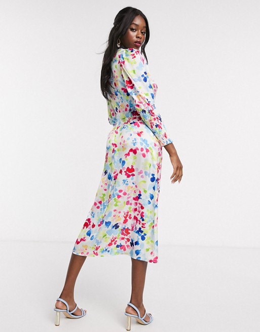 Never Fully Dressed long shirred sleeve midi dress in contrast neon fleck print