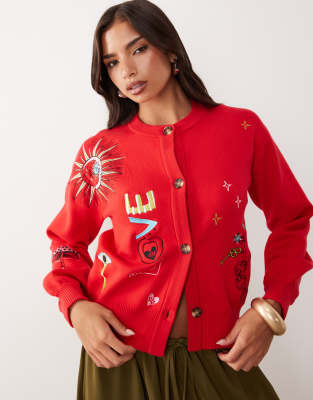 Never Fully Dressed Long Sleeve Button Down Knit Embroidered Cardigan In Red