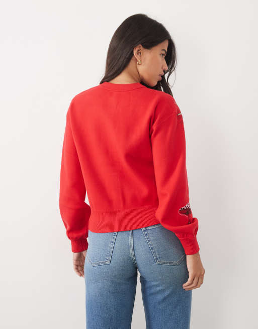 Never Fully Dressed long sleeve button down knit embroidered cardigan in red, 3 of 4