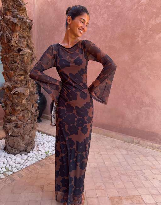 brown floral long sleeve maxi dress Never Fully Dressed crew neck mesh in poppy print SIZE:USA 2 / EU 32 / UK 4 #justdropped Original Optical Illusion Blue 12th tribe feminine floral design