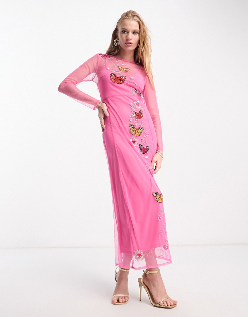 Never Fully Dressed long sleeve embellished maxi dress in pink butterfly print
