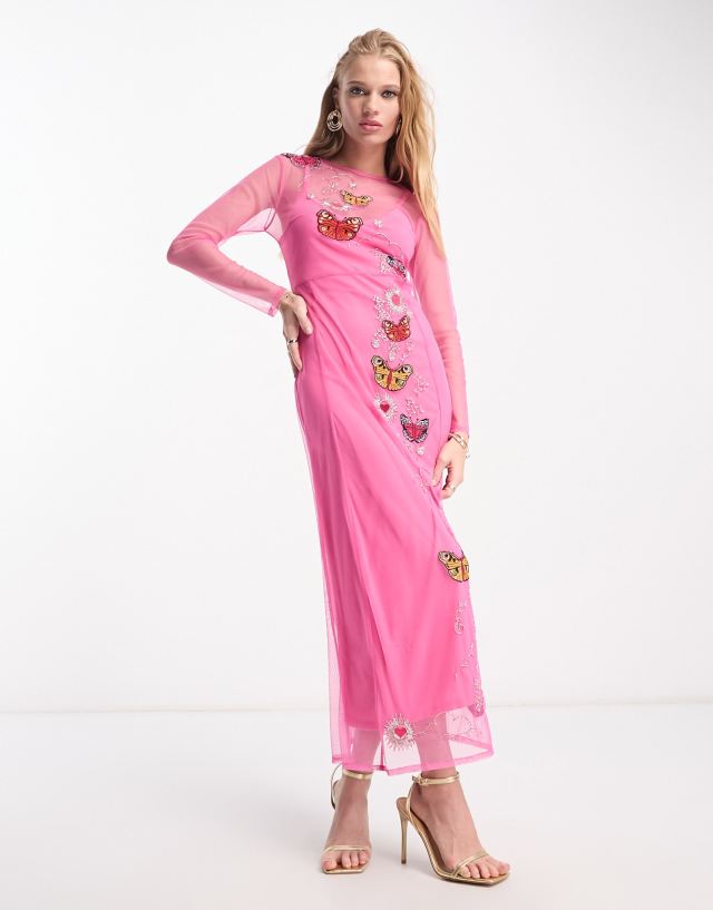 Never Fully Dressed - long sleeve embellished maxi dress in pink butterfly print