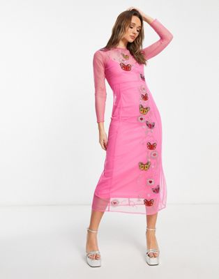 Never Fully Dressed long sleeve embellished maxi dress in pink - ASOS Price Checker