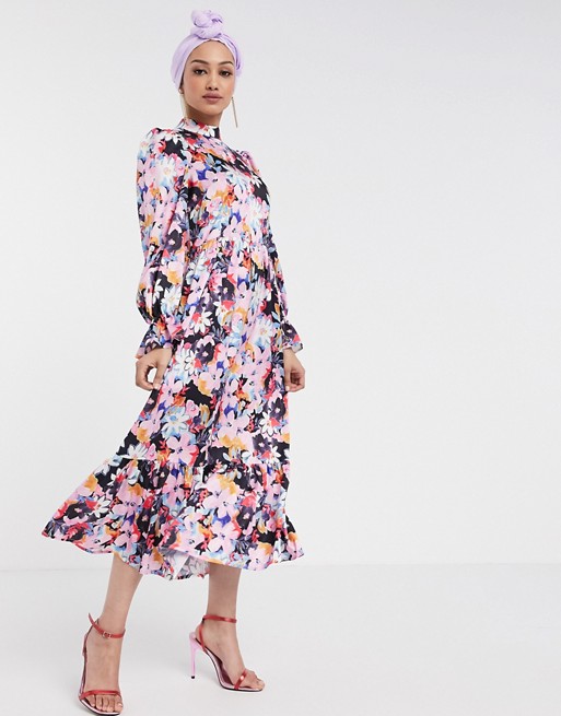 Never Fully Dressed long sleeve fluted sleeve maxi dress in pink floral print