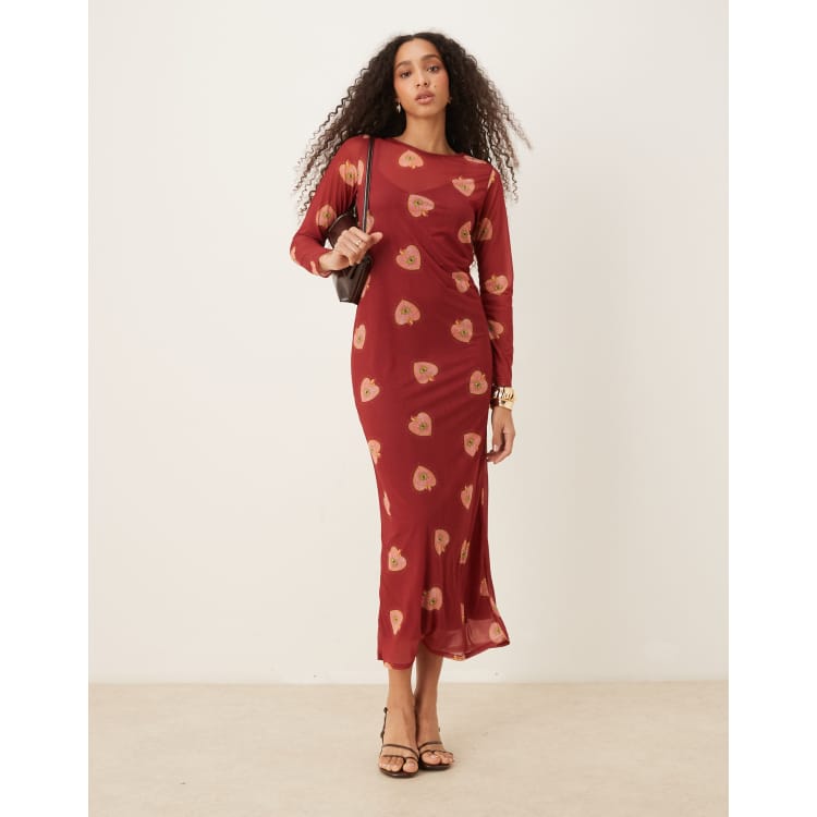 chinese dress ladies Floral Embroidered Maxi Dress With Sheer Flutter Sleeves In Burgundy M main image 1
