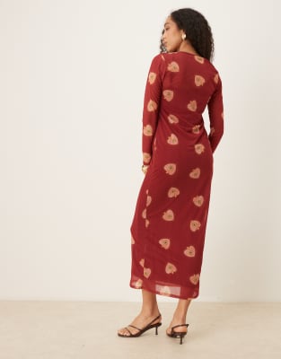 Never Fully Dressed Long Sleeve Heart Print Mesh Maxi Dress In Red
