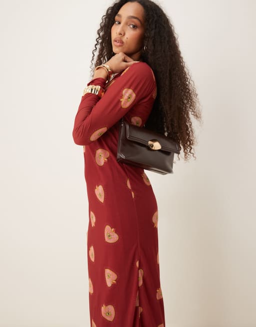 Never Fully Dressed long sleeve heart print mesh maxi dress in burgundy |  ASOS